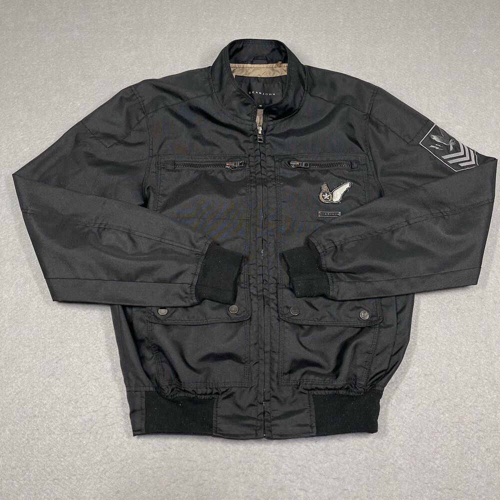 Sean John Jacket Mens Medium Black Bomber Military Patch Full Zip Streetwear Rap